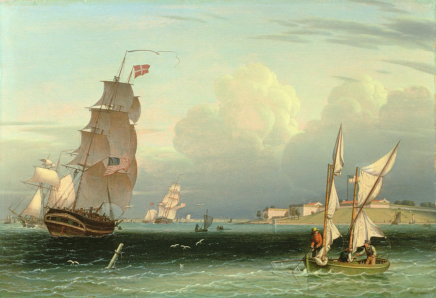 Flag Painting - Ship Going Out, Fort Independence by Robert Salmon