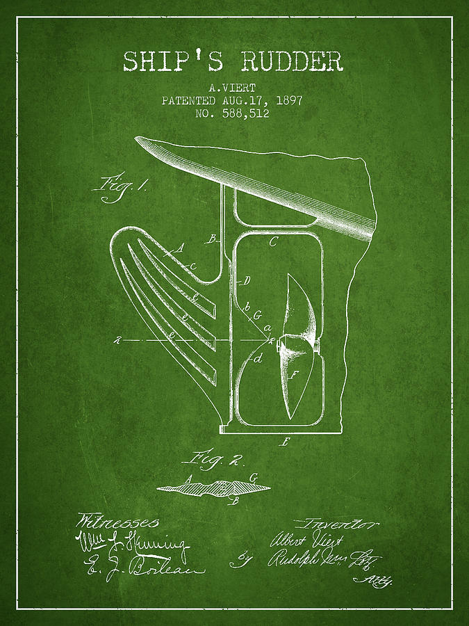Vintage Digital Art - Ship Rudder Patent Drawing from 1887 - Green by Aged Pixel