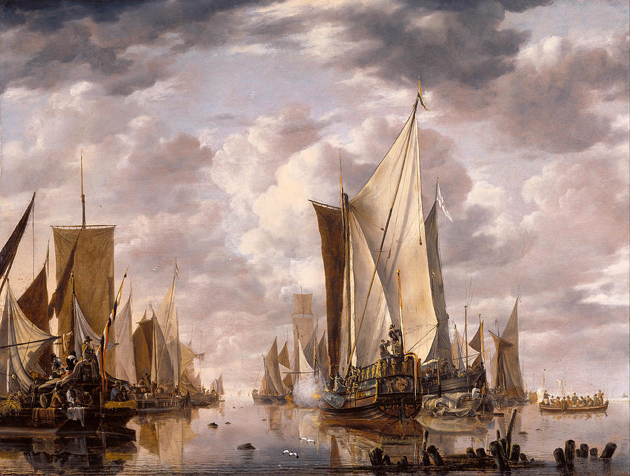 Shipping in a Calm at Flushing with a States General Yacht Firing a Salute Painting by Jan van de Cappelle