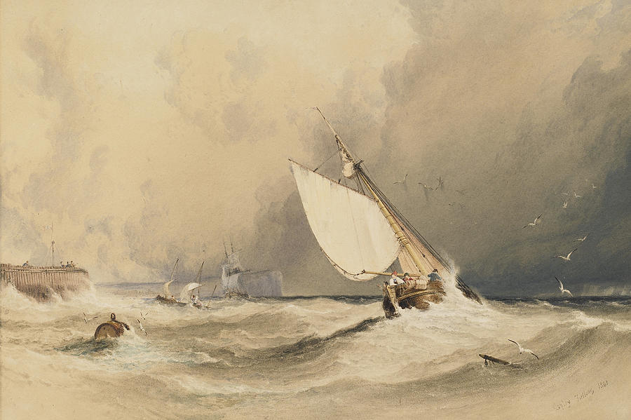 Boat Painting - Ships at sea off Folkestone harbour storm approaching by Anthony Vandyke Copley Fielding