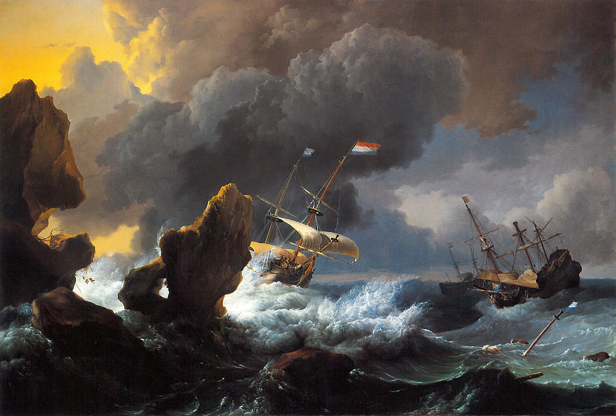Ships in Distress off a Rocky Coast Painting by Ludolf Bakhuizen