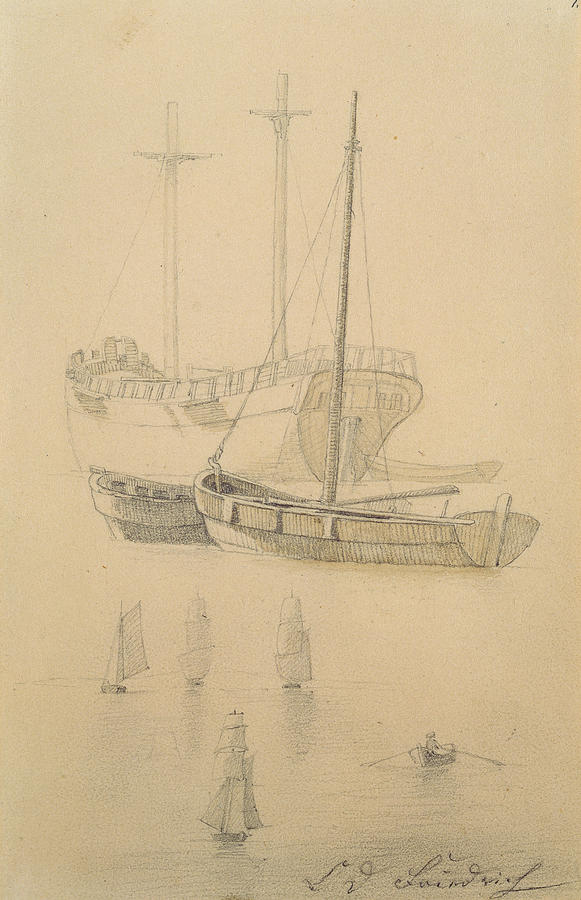Caspar David Friedrich Drawing - Ships  by Caspar David Friedrich