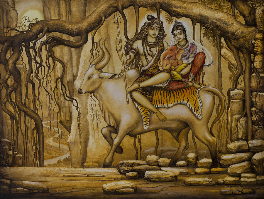 Shiva Painting - Shiva Parvati Ganesha by Vrindavan Das