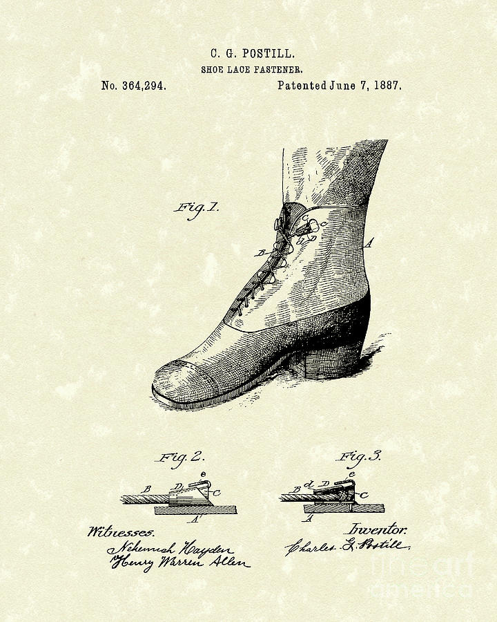 Shoe Lace Fastener 1887 Patent Art Drawing by Prior Art Design