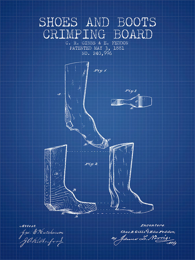 Boot Digital Art - Shoes and Boots Crimping Board Patent from 1881 - Blueprint by Aged Pixel