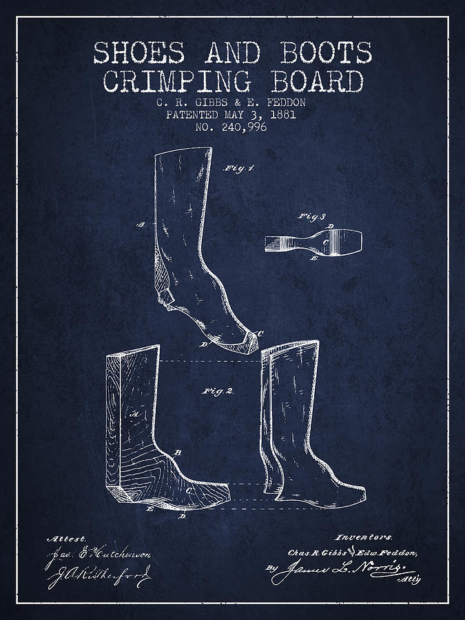 Boot Digital Art - Shoes and Boots Crimping Board Patent from 1881 - Navy Blue by Aged Pixel