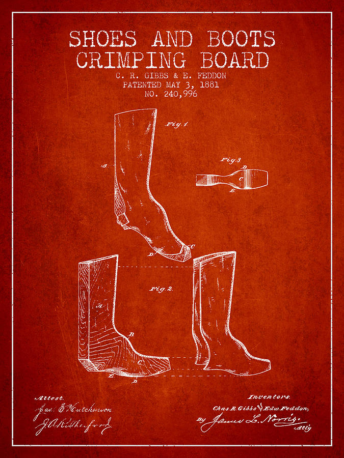 Boot Digital Art - Shoes and Boots Crimping Board Patent from 1881 - Red by Aged Pixel
