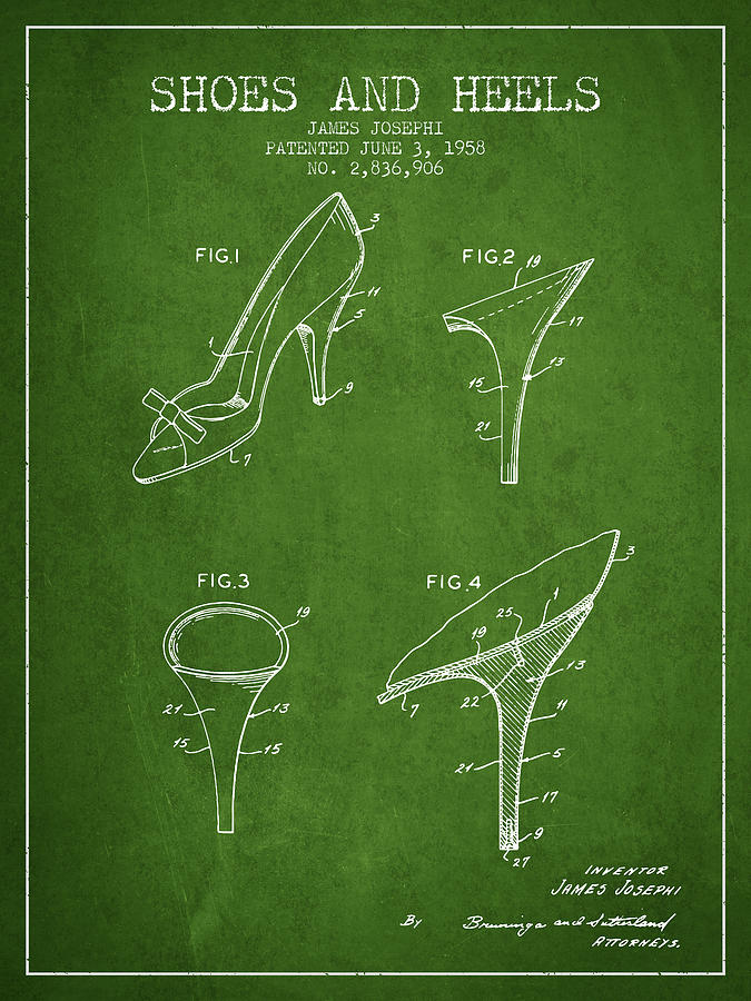 Boot Digital Art - Shoes and Heels patent from 1958 - Green by Aged Pixel