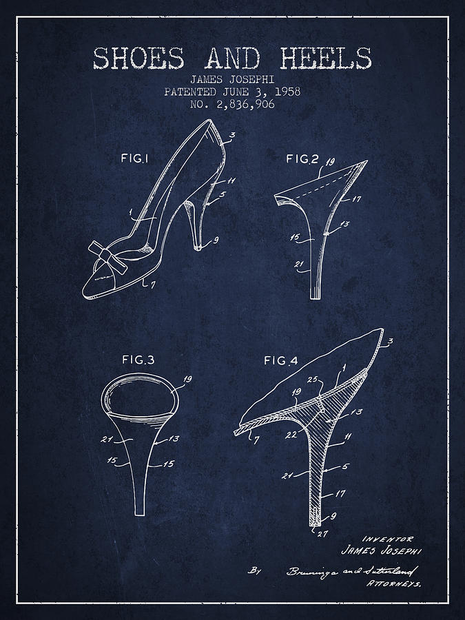 Boot Digital Art - Shoes and Heels patent from 1958 - Navy Blue by Aged Pixel