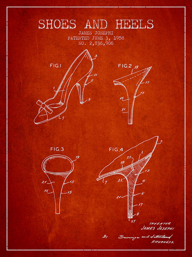 Boot Digital Art - Shoes and Heels patent from 1958 - Red by Aged Pixel