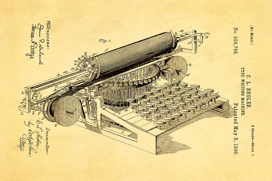 Tool Photograph - Sholes Type Writing Machine Patent Art 1896 by Ian Monk