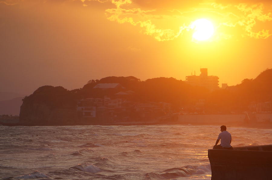 Shonan Sunset Beach And A Man Photograph by Taro Hama @ E-kamakura