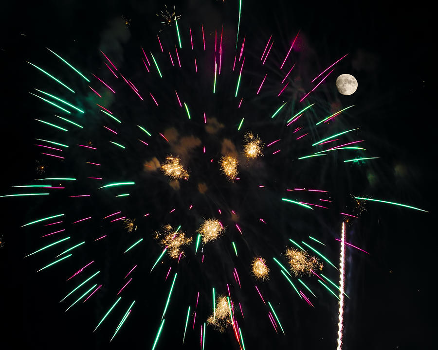 Shoot the Moon - Fireworks and Moon Photograph by Penny Lisowski