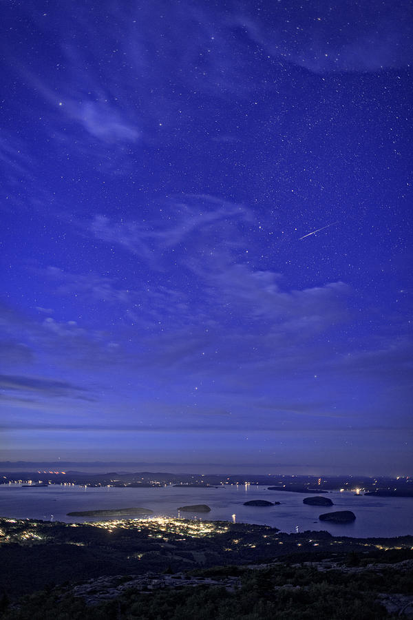 Nature Photograph - Shooting Star Over Bar Harbor by Rick Berk