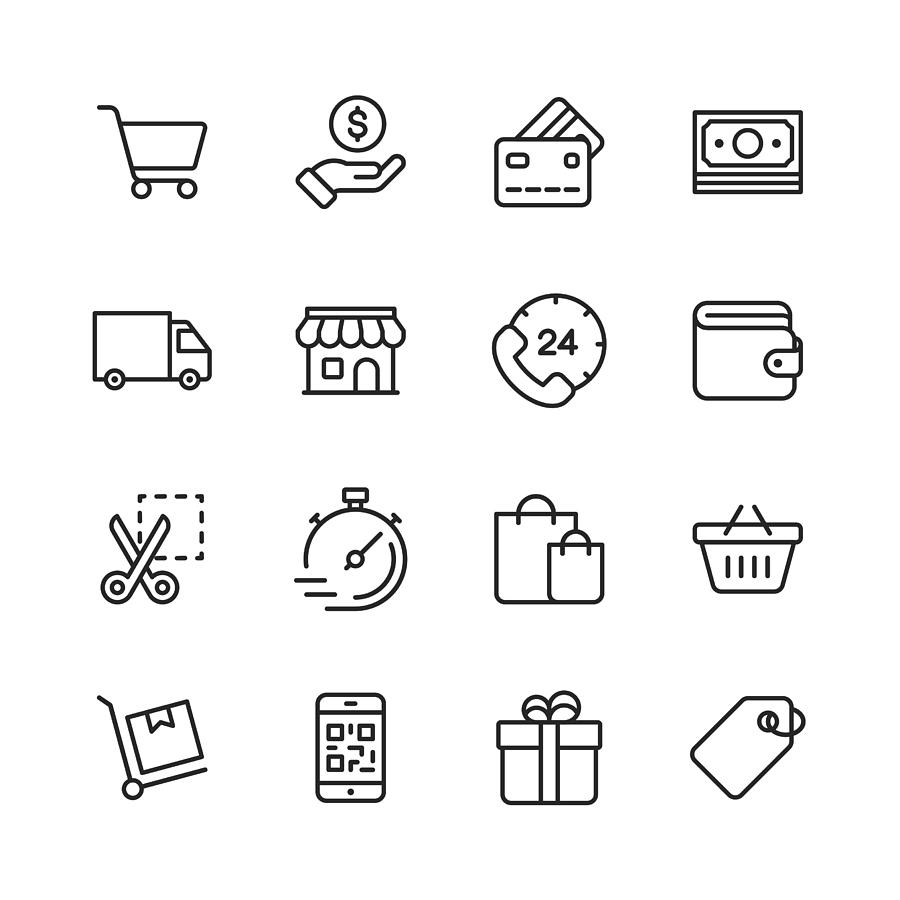 Shopping and E-commerce Line Icons. Editable Stroke. Pixel Perfect. For Mobile and Web. Contains such icons as Credit Card, E-commerce, Online Payments, Shipping, Discount. Drawing by Rambo182