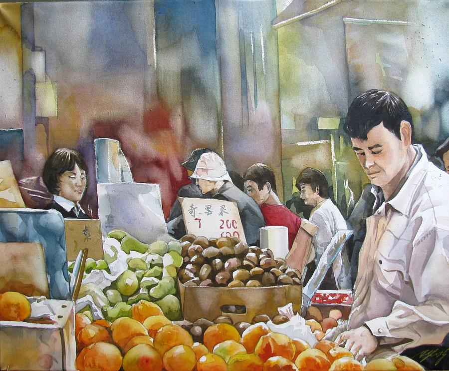 Watercolor Painting - Shopping In Toronto Chinatown by Alfred Ng