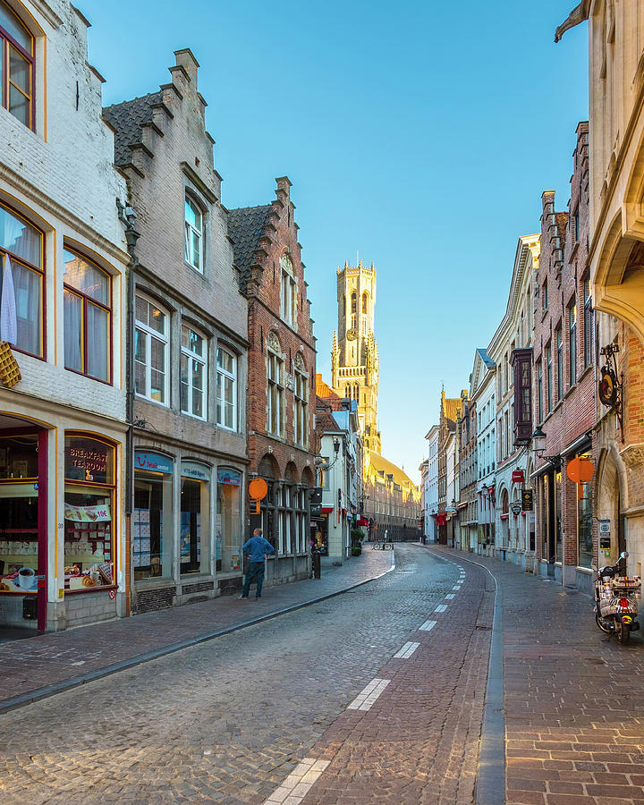 Shopping Street With Belfry Of Bruges Photograph By Jason Langley