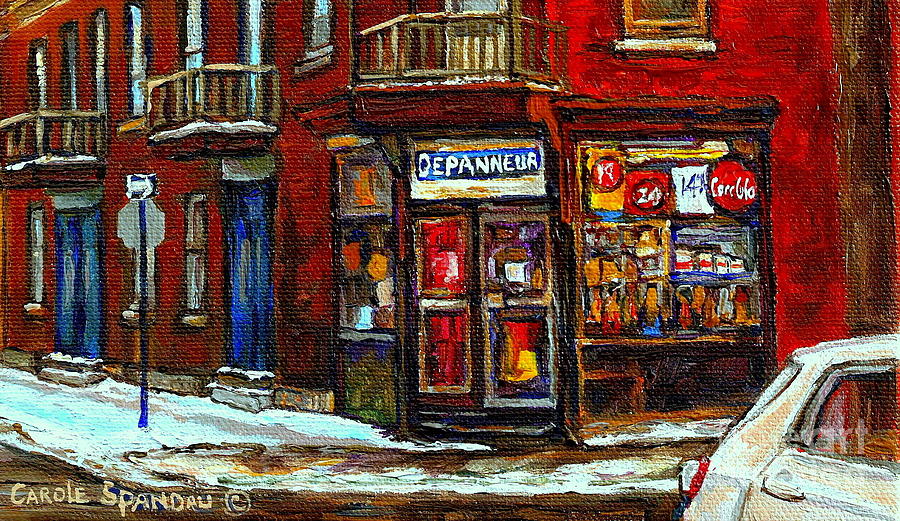 Shops And Streets Of St Henri- Montreal Paintings Depanneur Coca Cola Winter City Scenes Painting by Carole Spandau