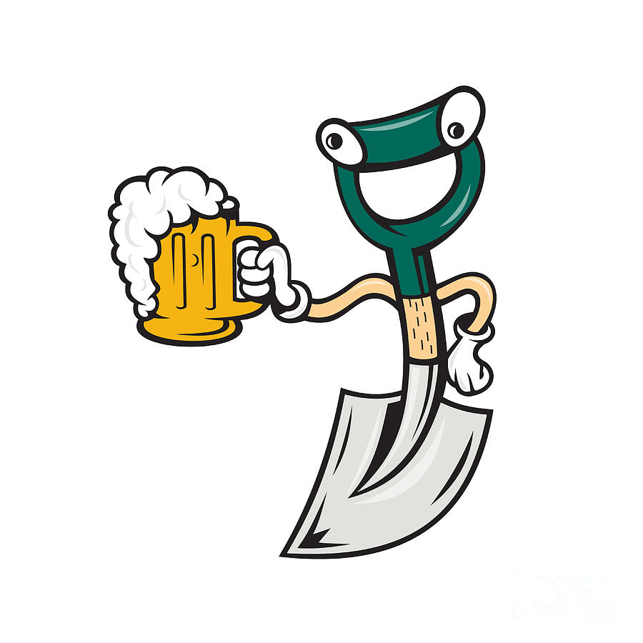 Beer Digital Art - Shovel Holding Beer Mug Cartoon by Aloysius Patrimonio