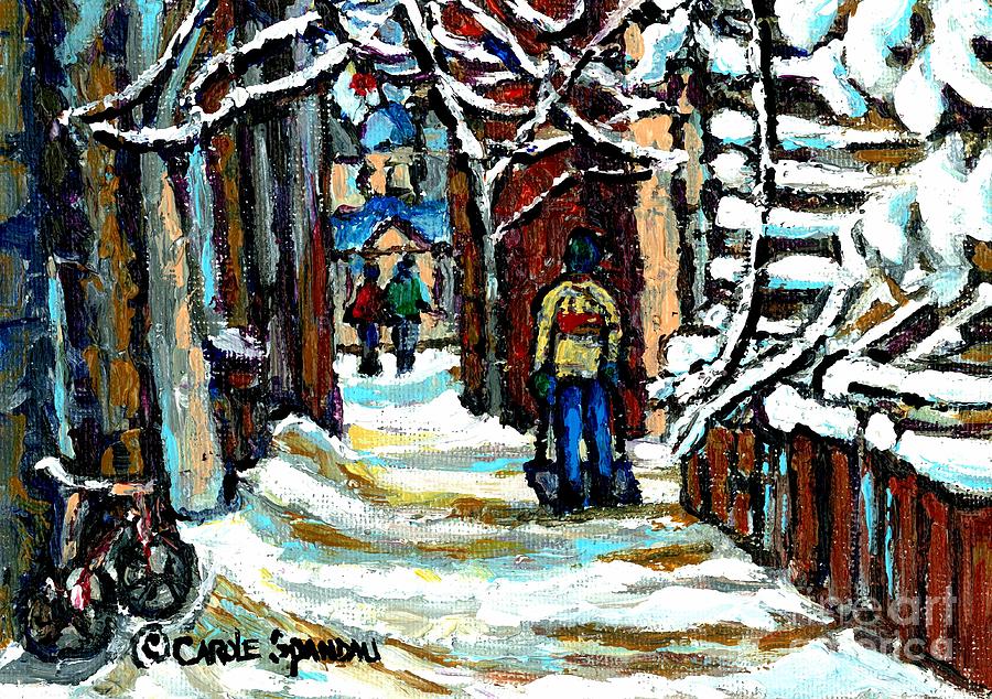 Shovelling Out After January Storm Verdun Streets Clad In Winter Whites Montreal Painting C Spandau Painting by Carole Spandau