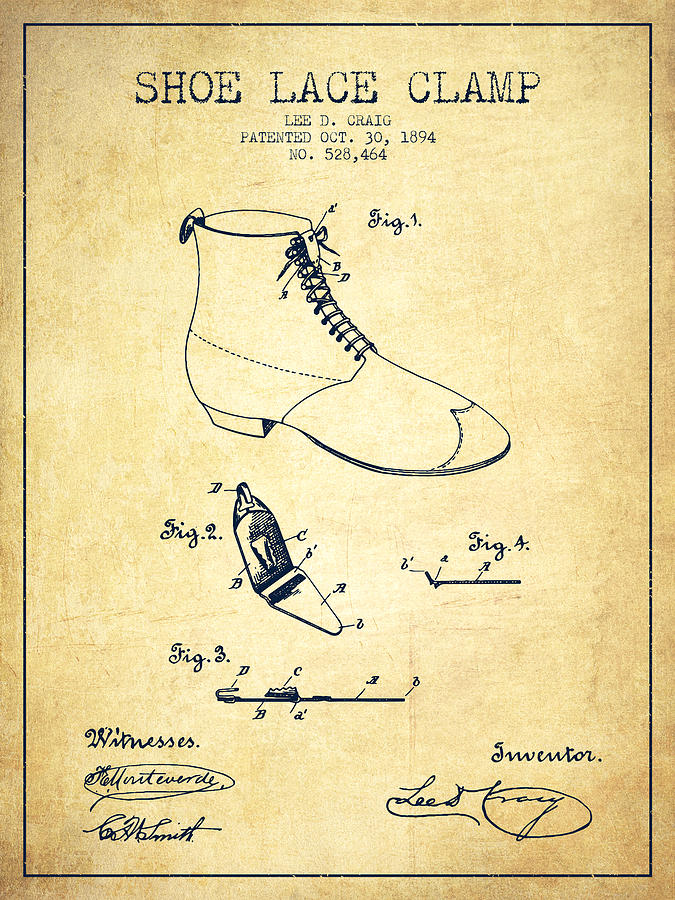 Boot Digital Art - Show Lace Clamp Patent from 1894 - Vintage by Aged Pixel