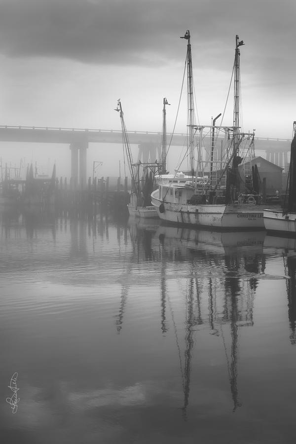 Shrimp Boats in the Fog - Black and White Photograph by Renee Sullivan