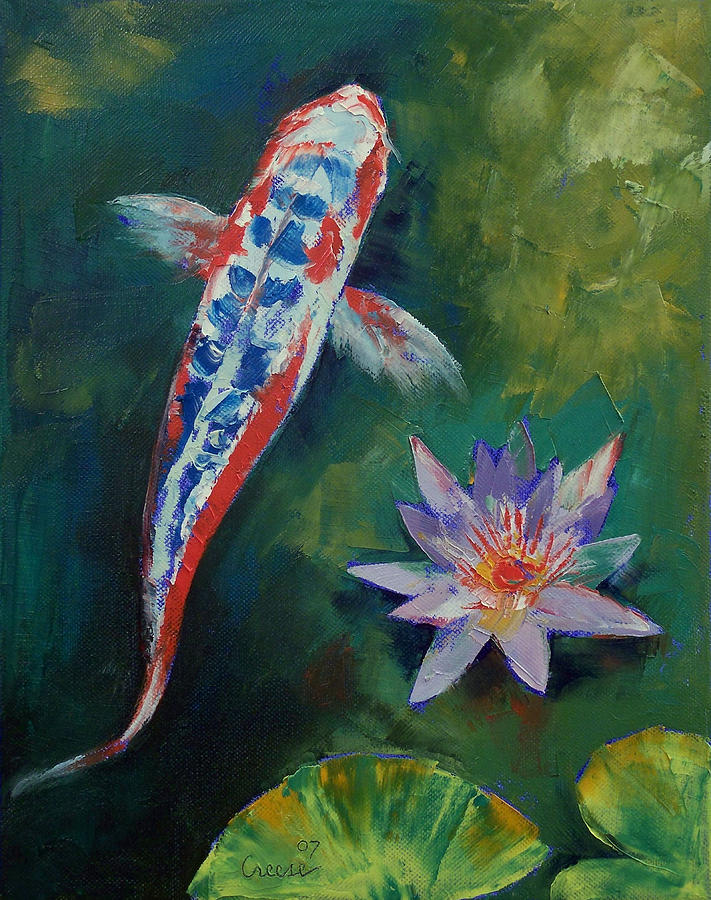 Shusui Koi and Water Lily Painting by Michael Creese