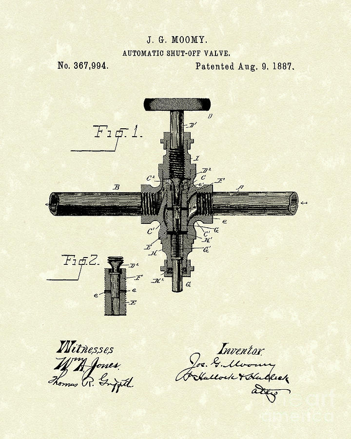 Shut-Off Valve 1887 Patent Art Drawing by Prior Art Design