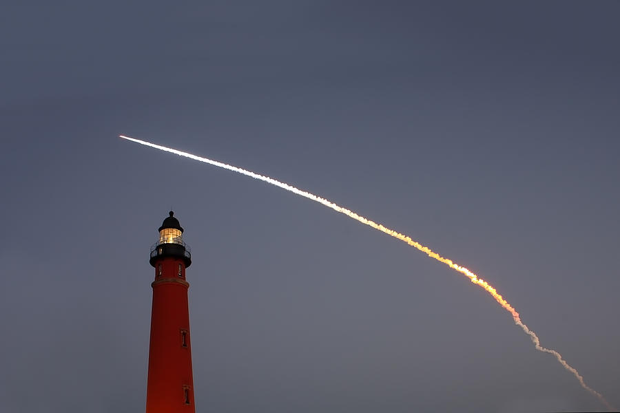Shuttle Discovery Liftoff Over Ponce Inlet Lighthouse Photograph