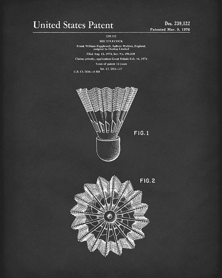 Shuttlecock 1976 Patent Art Black Drawing by Prior Art Design