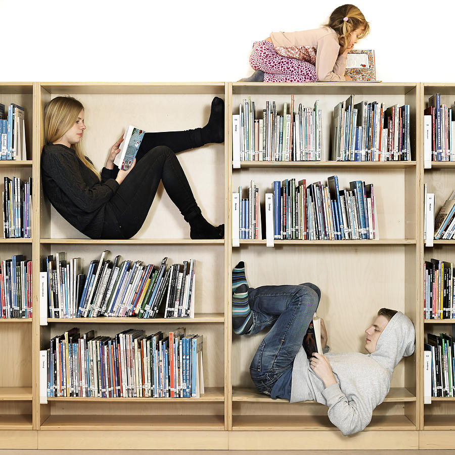 Siblings reading on book shelf Photograph by Lisbeth Hjort