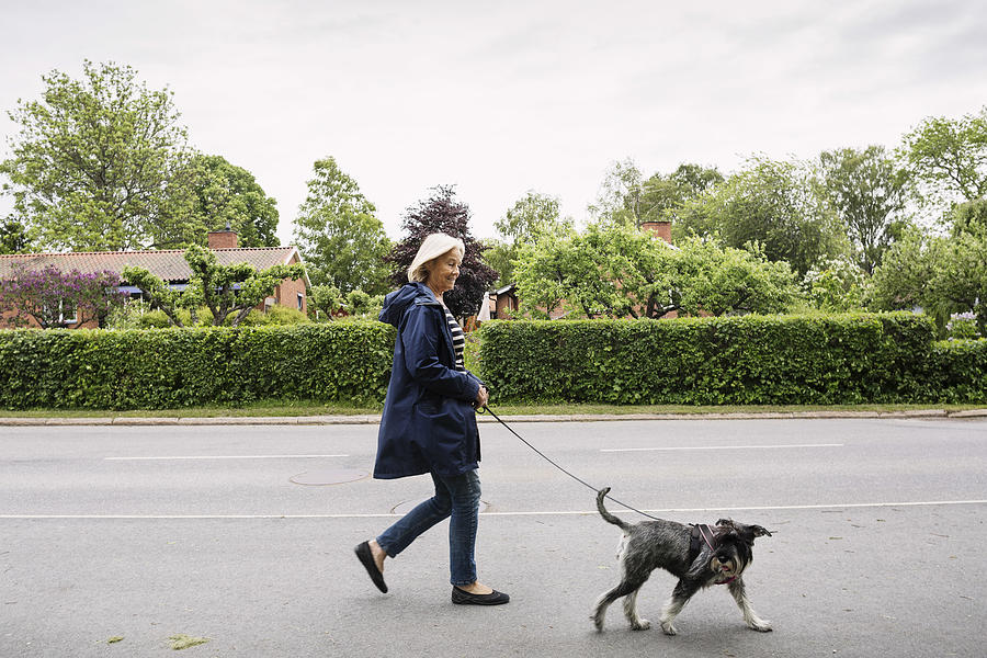 Side view of happy senior woman walking with dog on street Photograph by Maskot