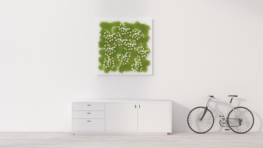 Sideboard, bicycle and living wall, 3D Rendering Drawing by Westend61