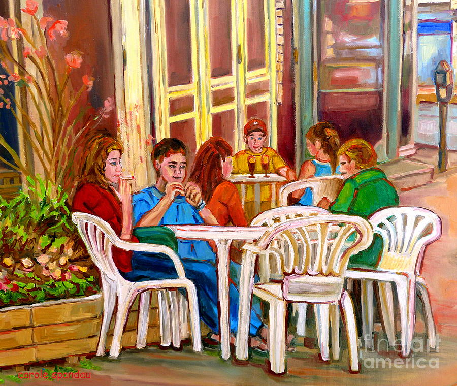 Sidewalk Cafe Bistro On The Terrace-rue Saint Denis Paintings -montreal-carole Spandau Painting by Carole Spandau