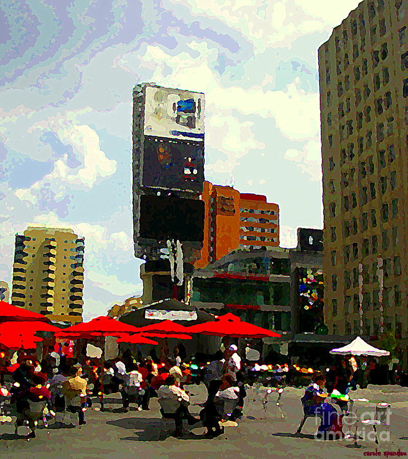 Sidewalk Cafe Lunch Break Red Umbrellas Yonge Dundas Square Toronto Cityscene C Spandau Canadian Art Painting by Carole Spandau
