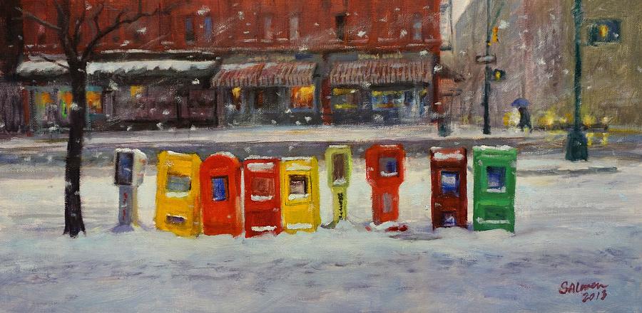Winter Painting - Sidewalk Sentinels in Early Snow by Peter Salwen