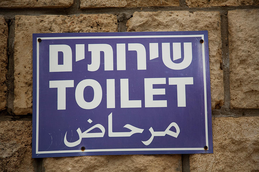 Architecture Photograph - Sign In Three Languages, Hebrew by Dave Bartruff