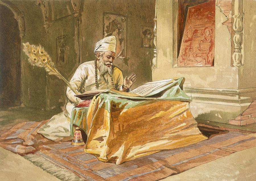 Indian Drawing - Sikh Priest Reading The Grunth by William Crimea Simpson