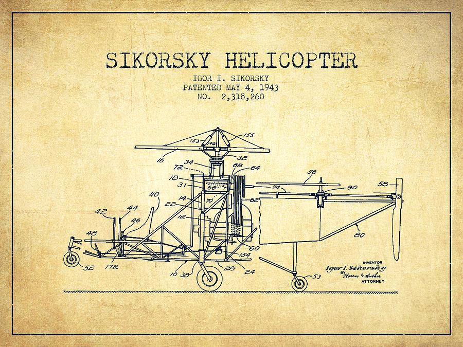 Vintage Digital Art - Sikorsky Helicopter patent Drawing from 1943-Vintage by Aged Pixel