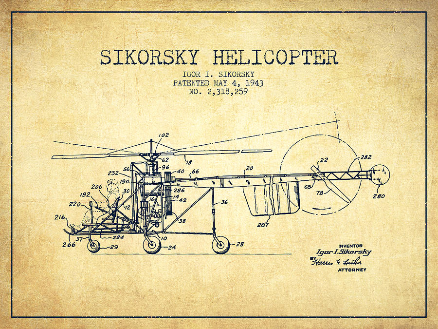 Vintage Digital Art - Sikorsky Helicopter patent Drawing from 1943-Vintgae by Aged Pixel