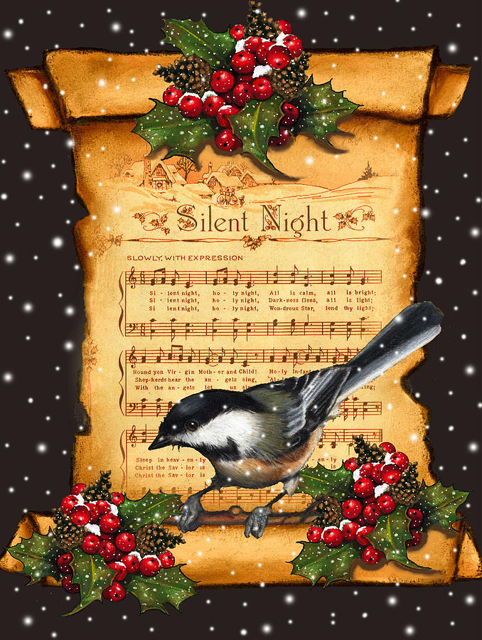Silent Night Christmas Greeting Card With Bird Mixed Media 