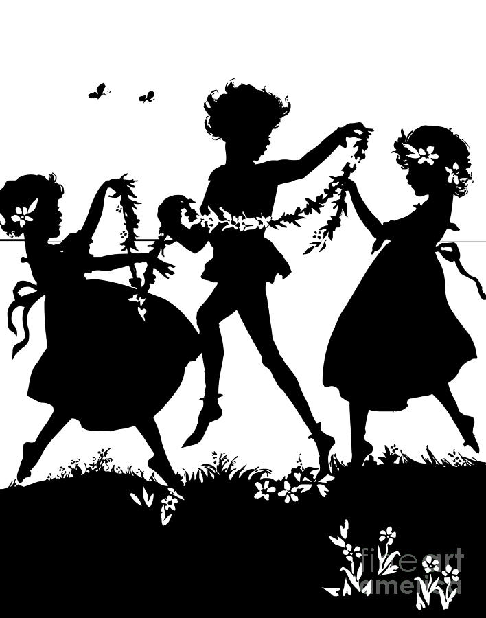Silhouette of 3 Children Dancing and Playing with Flowers Digital Art by Rose Santuci-Sofranko