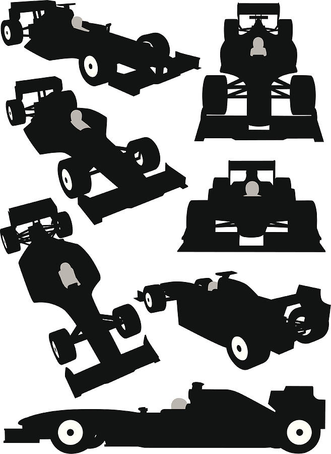 Silhouette of a Formula One car seen from different angles Drawing by Robotok