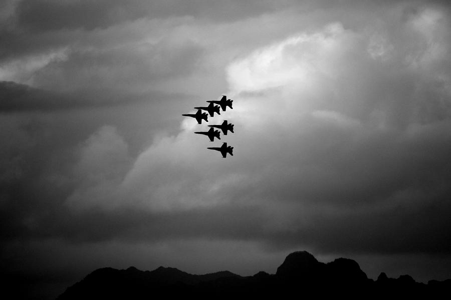 Silhouette of Blue Angels in Formation Photograph by Saya Studios