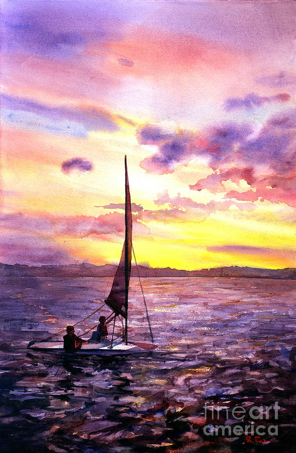 Sunset Painting - Silhouette of boat and sailors on Torch Lake Michigan USA by Ryan Fox