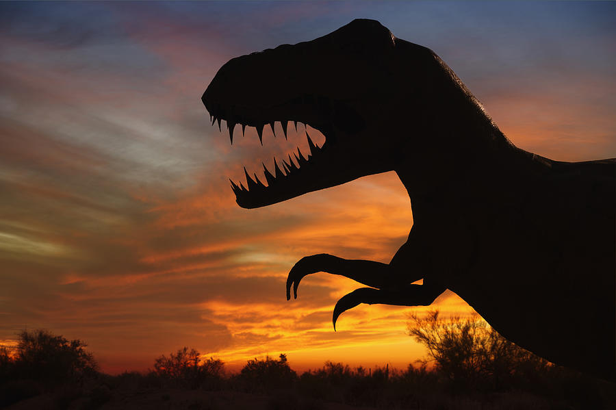 Silhouette of dinosaur sculpture at sunset, Moab, Utah, USA Photograph by Jacobs Stock Photography Ltd