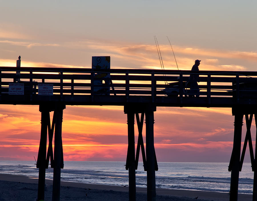 Summer Photograph - Silhouetted Fisherman On Ocean Pier At Sunrise by Jo Ann Tomaselli