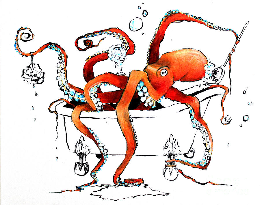 Octopus Painting - Silly Octopus taking a bath by Arleana Holtzmann