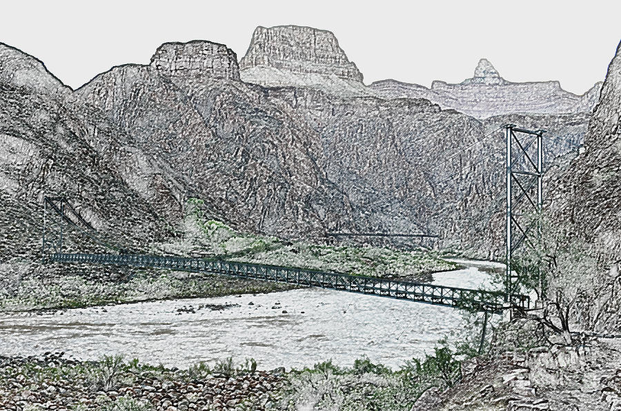 Silver and Black Bridges over Colorado River Bottom Grand Canyon National Park Colored Pencil Digital Art by Shawn OBrien