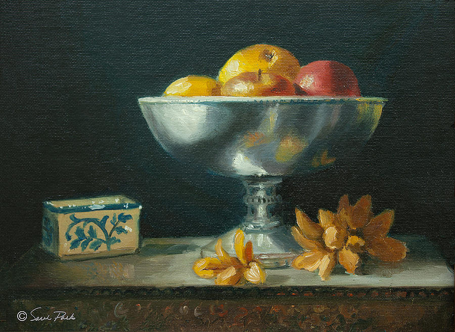 Office Space Painting - Silver Bowl with Apples by Sarah Parks